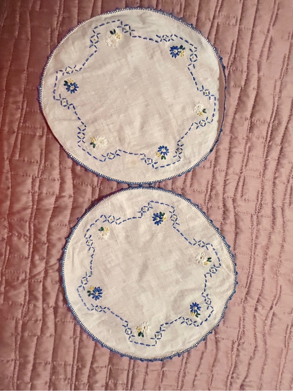 Hand-Embroidered White Linen Round Doilies with Blue Floral Trim